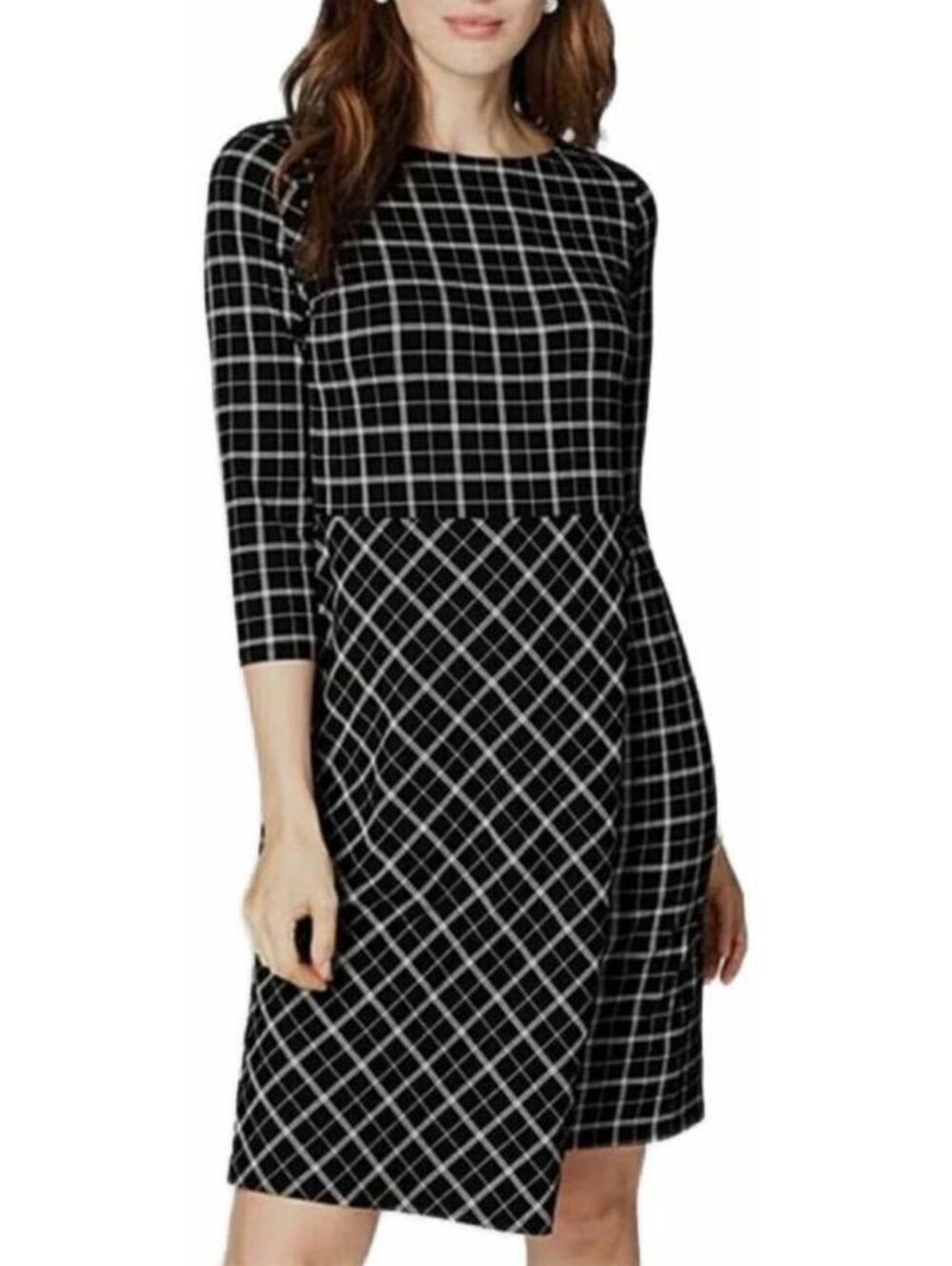 J.Jill Wearever Black White Windowpane Plaid Faux Wrap Stretch Dress M Career